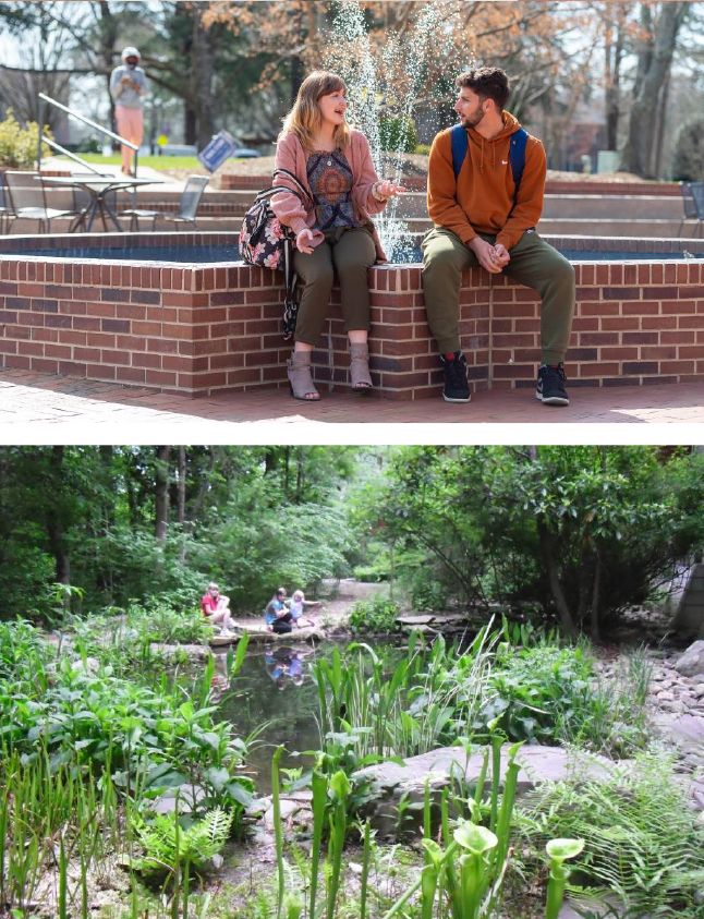 Students sitting near campus fountain