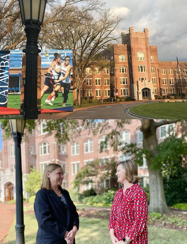 Front view of Hedrick Building and two students in front of Hedrick