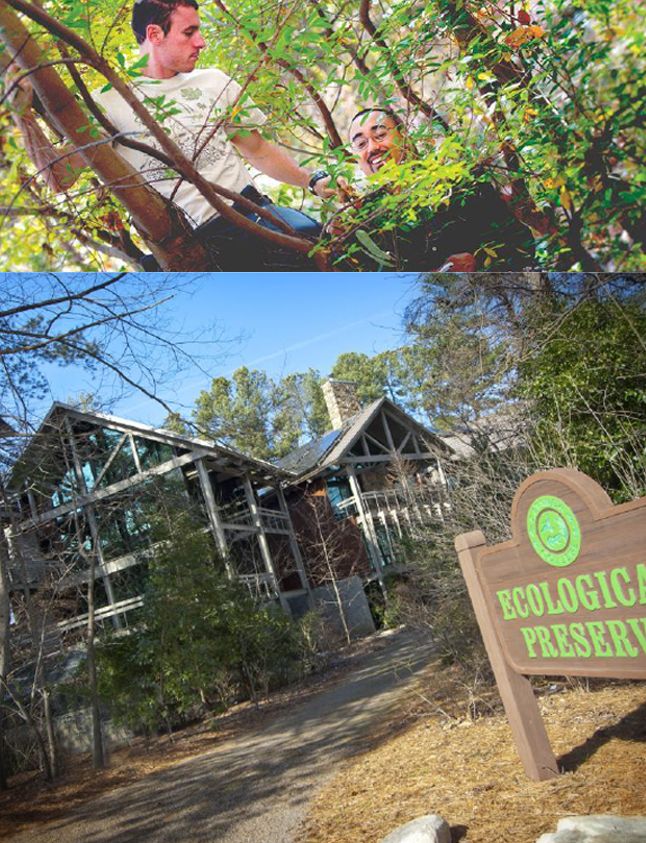 photos of the Center for the Environment building and students measuring trees