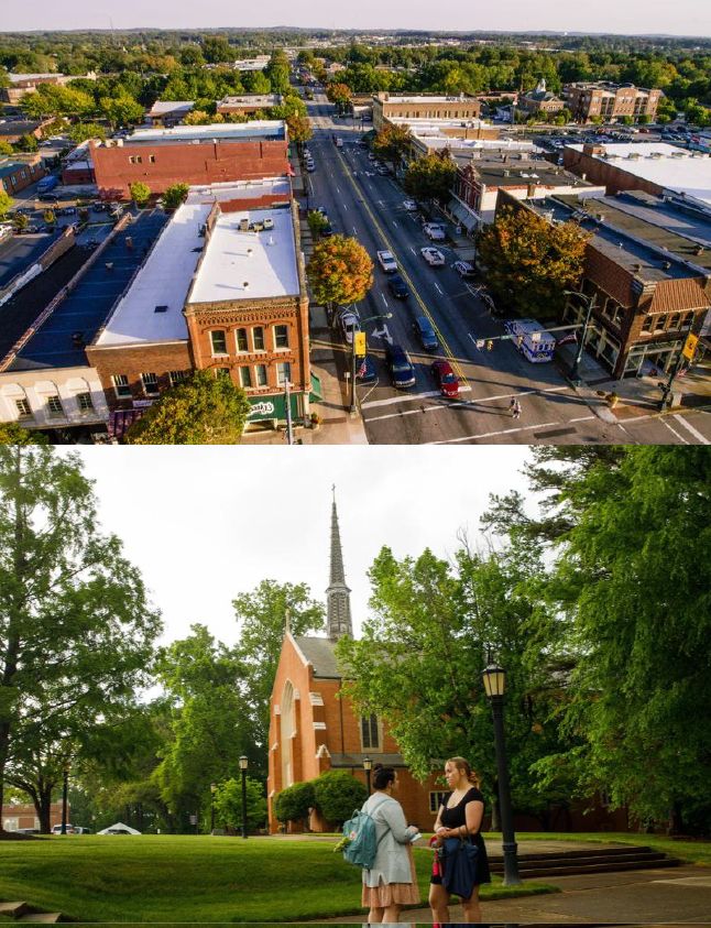 Aerial photo of Salisbury downtown and two students near the chapel