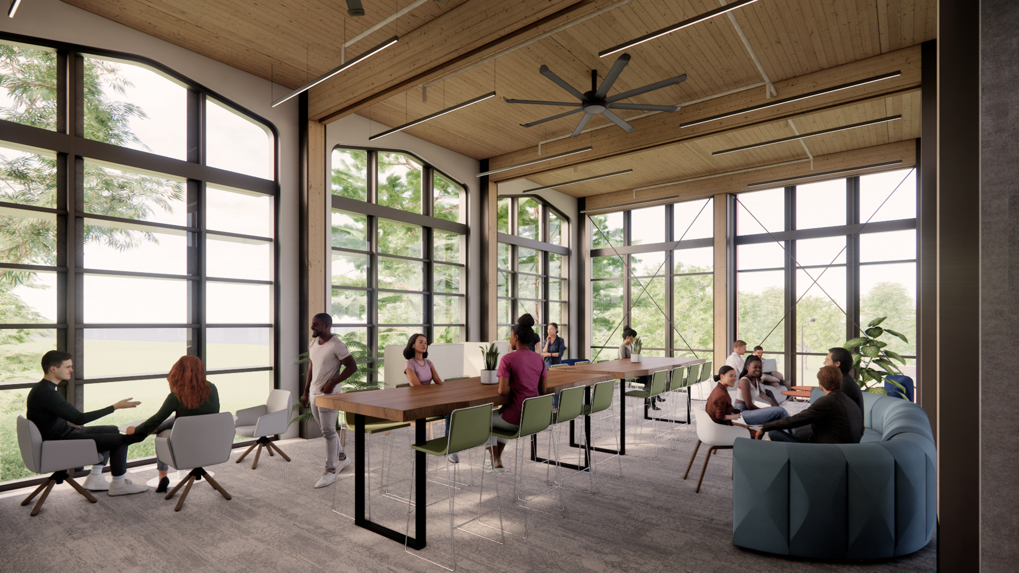 Rendering of Smokestack Renovation Lounge area