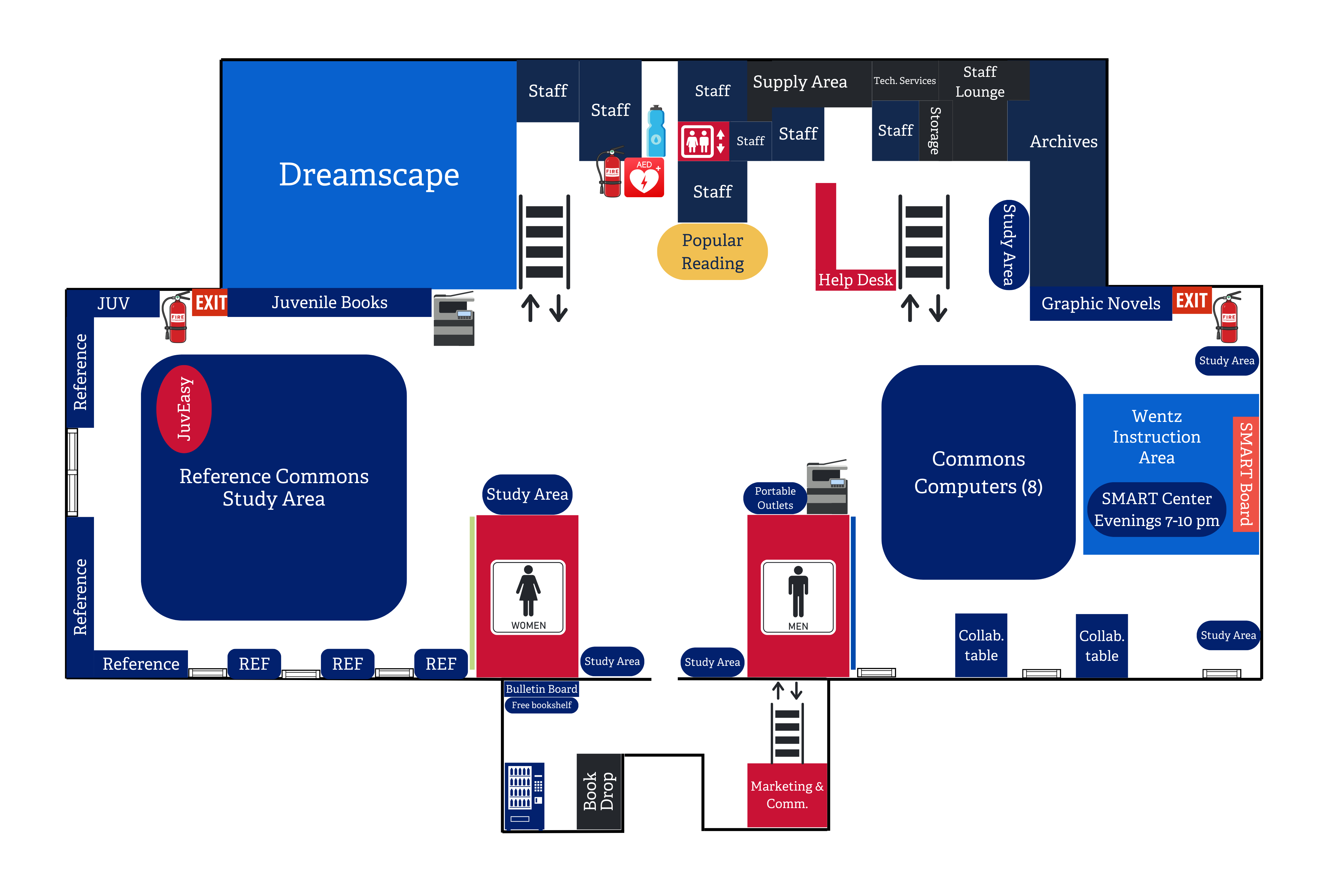 Detailed map of the library main floor, depicting all spaces, including restrooms, elevator, fire exits, and fire extinguishers.