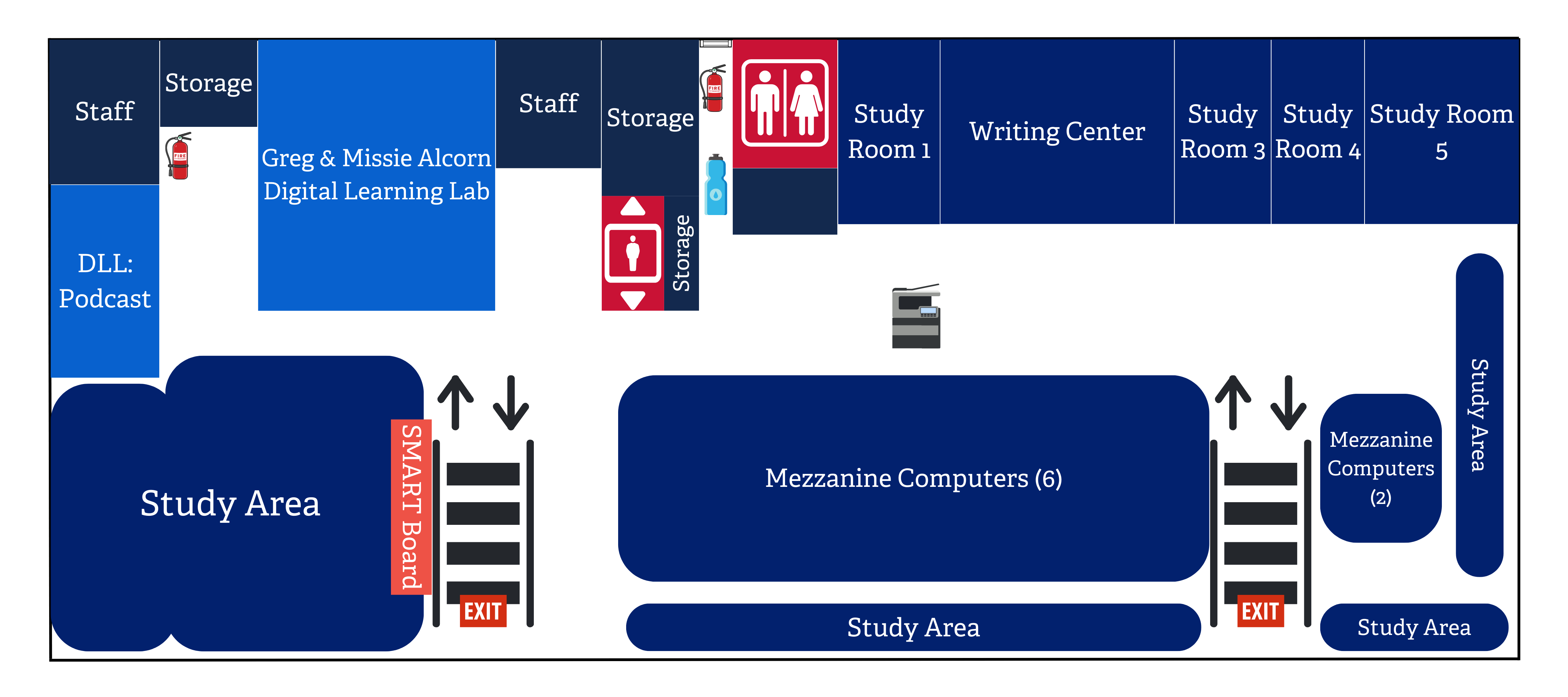 Detailed map of the library mezzanine (upstairs), including fire extinguisher and elevator location.