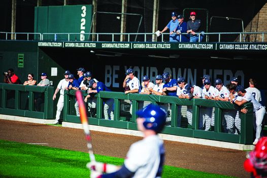 View of batter in foreground with players in dugout looking on