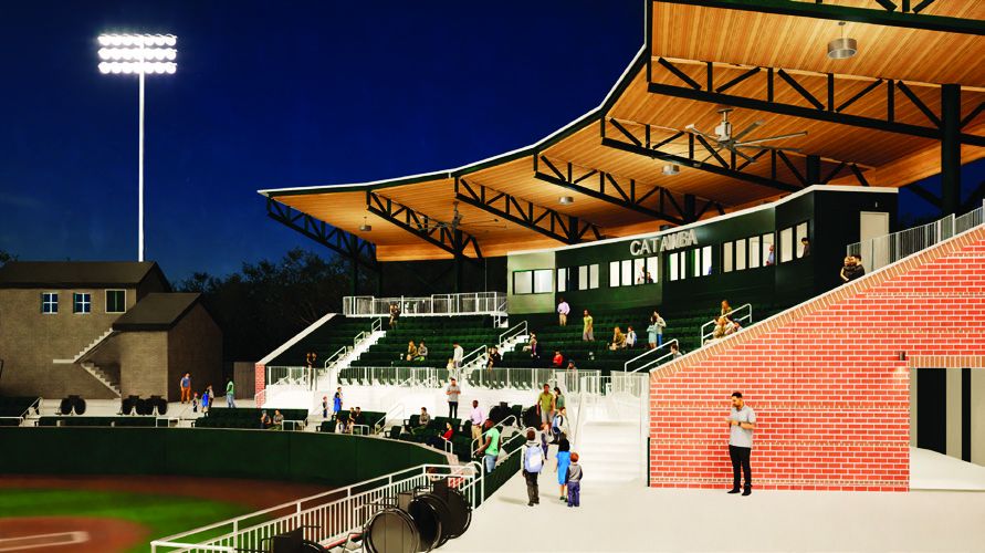 Rendering of front view of stands at night